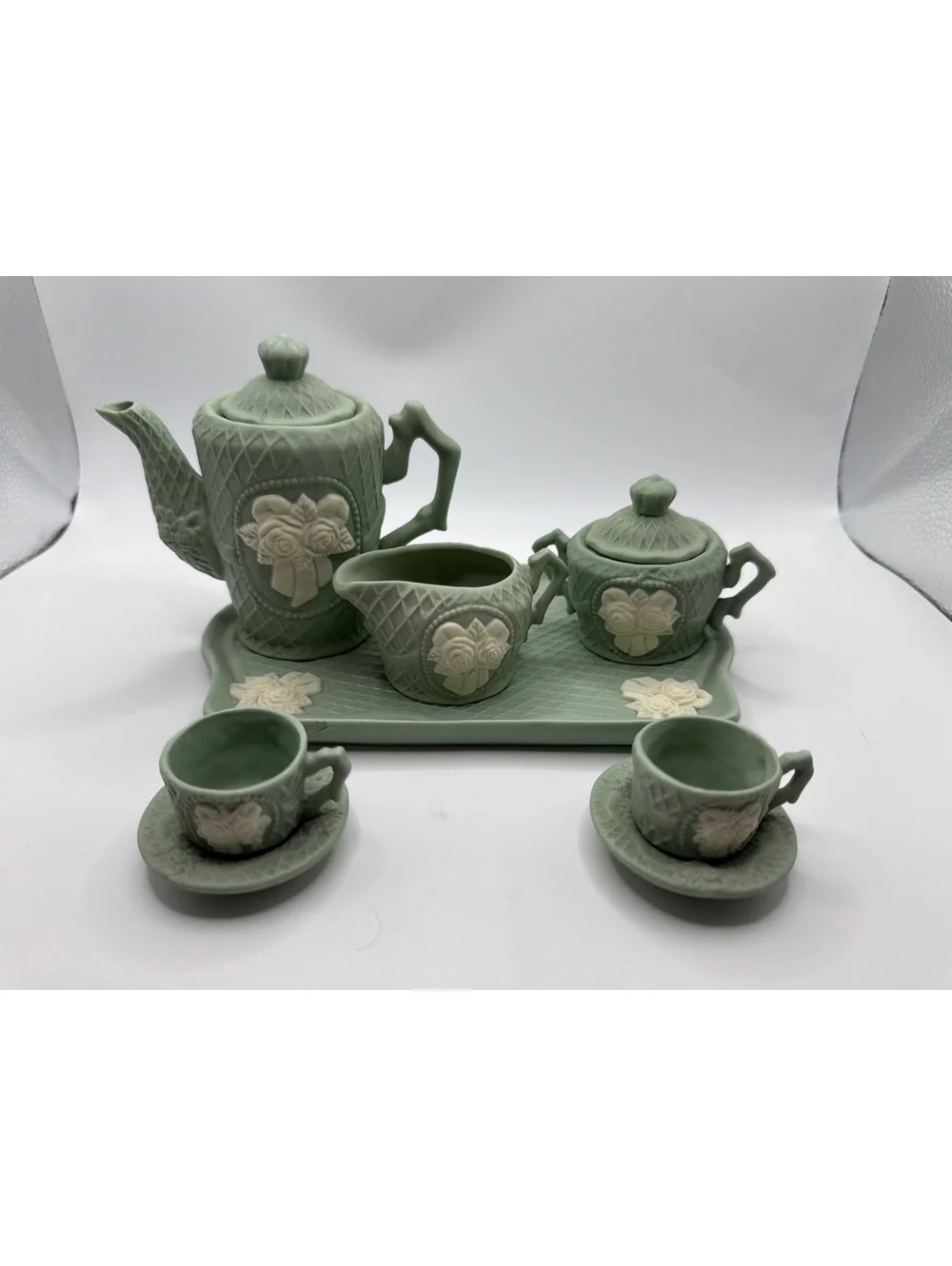 Vintage Green Ceramic Tea Set with Floral Embossed Design
